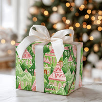 Pink Fairy Tale House Gift Wrap, Watercolor Christmas Village Wrapping Paper, Whimsical Holiday Wrapping Paper, Festive Winter Gift Wrap