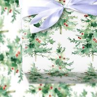 Evergreen Pine Tree Gift Wrap, Watercolor Christmas Tree Wrapping Paper, Minimalist Holiday Tree Paper Roll, Winter Xmas Wrapping Paper