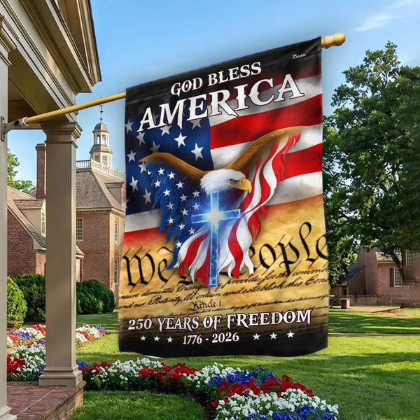 God Bless America Garden Flag | 250 Years of Freedom Eagle & Cross Design | Double-Sided Polyester | Patriotic We The People Outdoor Decor