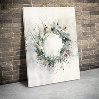Red Berry Botanical Canvas, Watercolor Winter Wreath Canvas Wall Art, Christmas Holiday Canvas Print, Festive Seasonal Wall Decor, Xmas Present