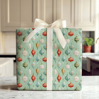 Retro Holiday Gift Wrap, Vintage Christmas Ornament Wrapping Paper, Mint Green Xmas Wrapping Paper Roll, Nostalgic Tree Baubles Wrap