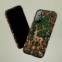 Ornate Gold Deer Holiday iPhone Case, Jeweled Reindeer Christmas Phone Case, Elegant Holly Filigree Phone Cover
