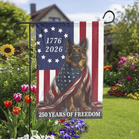Patriotic German Shepherd Garden Flag | 250 Years of Freedom 1776-2026 US Semiquincentennial Double Sided | Weatherproof Polyester | American Dog Lover Gift