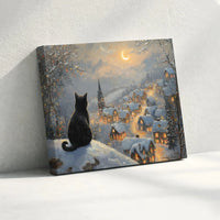Winter Night Holiday Canvas Art, Black Cat Snowy Christmas Village Canvas, Festive Christmas Cat Canvas Print, Comfy Winter Scene Wall Decor