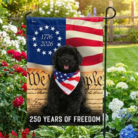 Black Goldendoodle Garden Flag | 250 Years of Freedom Patriotic Design | Double-Sided Weather-Resistant Polyester | Dog Lover Gift