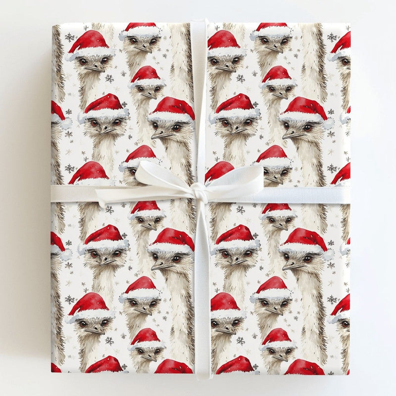 Watercolor Santa Hat Bird Gift Wrap, Christmas Emu Wrapping Paper, Festive Snowflake Present Wrapping Paper, Holiday Gift Wrap Roll