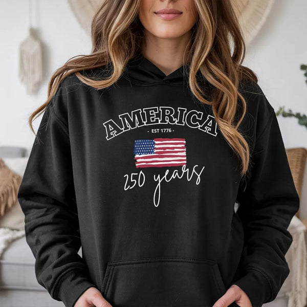 America 250 Years Hoodie | Est 1776 American Flag Patriotic Design | Soft Cotton-Polyester Blend | 4th of July Gift for History Lovers