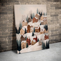 Snowy Mountain Town Landscape Canvas Print, Winter Village Canvas Wall Art, Comfy Holiday Wall Decor, Christmas Scenery Painting, Cabin Art