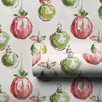 Red and Green Holiday Gift Wrap, Watercolor Christmas Ornament Wrapping Paper, Painted Bauble Wrapping Paper