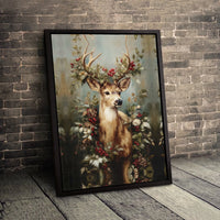 Winter Floral Deer Wall Art, Christmas Deer Canvas Print, Pine Cone Deer Canvas Art, Holiday Wildlife Wall Decor, Rustic Deer Wall Print