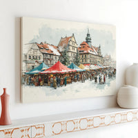 Watercolor Snowy Town Canvas Print, Christmas Market Canvas Wall Art, Winter Town Square Wall Art, Holiday Seasonal Canvas Decor, Xmas Present