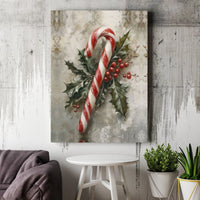 Holly Berries Botanical Print, Vintage Christmas Candy Cane Canvas Wall Art, Festive Holiday Wall Decor, Retro Seasonal Xmas Canvas