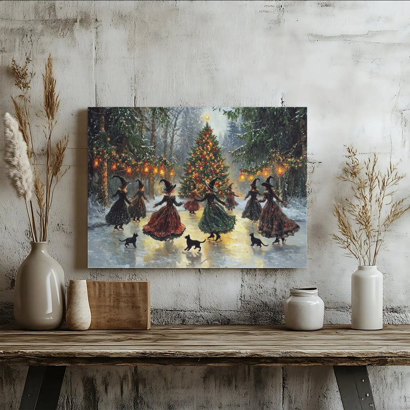 Whimsical Holiday Wall Art, Witches Ice Skating Christmas Tree Canvas, Vintage Winter Witch Canvas Print, Gothic Seasonal Canvas Decor