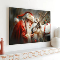 Christmas Santa Claus Reindeer Print, Santa Claus and Reindeer Canvas Wall Art, Comfy Holiday Santa Wall Decor, Winter Scene Canvas