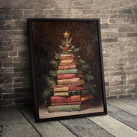 Bookish Library Wall Art, Book Lover Christmas Tree Canvas Print, Bookworm Holiday Wall Decor, Comfy Reading Art Canvas