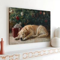 Christmas Tree Oil Painting Style Print, Sleeping Golden Retriever Canvas Art, Holiday Dog Wall Decor, Festive Pet Lover Canvas Present