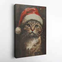 Tabby Cat in Santa Hat Print, Christmas Cat Wall Art, Festive Holiday Pet Canvas Art, Comfy Winter Wall Decor, Cat Lover Digital Download