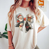 Retro Santa Reindeer Graphic Tee, Christmas Coquette Bow T-Shirt, Adorable Holiday Season T-Shirt, Girly Xmas Graphic Shirt, Holiday Present Tee