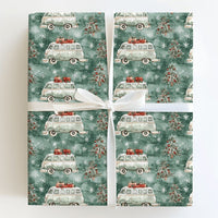 Retro Holiday Van Gift Wrap, Vintage Camper Christmas Wrapping Paper, Winter Pine Tree Wrapping Paper, Rustic Holiday Present Wrap Roll
