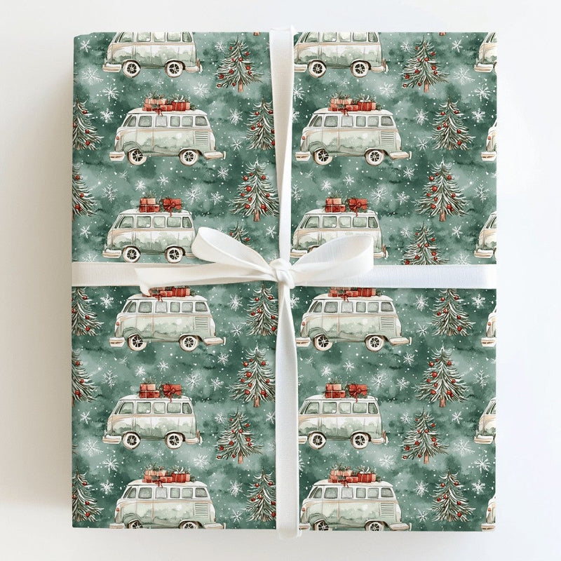Retro Holiday Van Gift Wrap, Vintage Camper Christmas Wrapping Paper, Winter Pine Tree Wrapping Paper, Rustic Holiday Present Wrap Roll