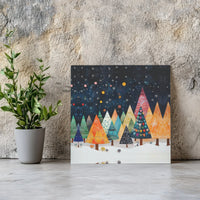 Folk Art Winter Forest Canvas Print, Whimsical Christmas Trees Wall Art, Colorful Snowy Night Poster, Holiday Decor, Digital Download