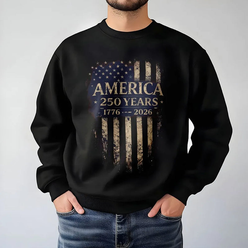 America 250 Years Sweatshirt | Vintage Distressed Flag 1776-2026 Commemorative Design | Soft Cotton Polyester Blend | Patriotic Gift for History Enthusiasts