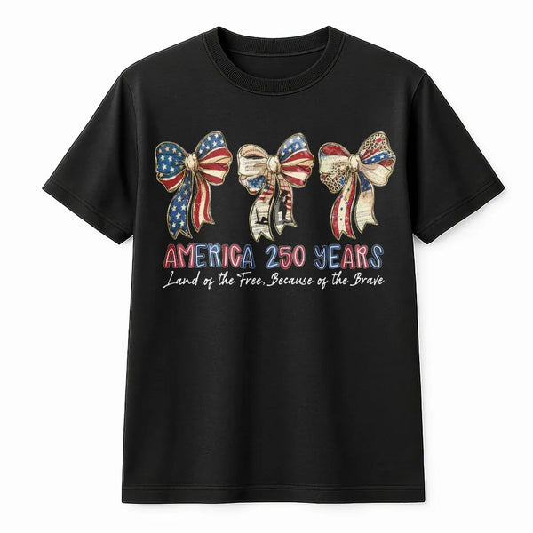 America 250 Years Patriotic Bow T-Shirt | Land of the Free Vintage Americana Art | Soft 100% Cotton Unisex Tee | 4th of July Gift for Patriots