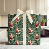 Musical Christmas Gift Wrap, Vintage Santa Trumpet Wrapping Paper, Pine Branch Holiday Present Paper, Dark Green Xmas Gift Wrap