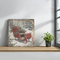 Rustic Red Sled Winter Forest Snow Scene Print, Vintage Christmas Sleigh Canvas Wall Art, Holiday Canvas Poster, Digital Download