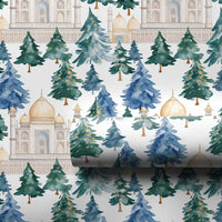 Watercolor Landmark Gift Wrap, Taj Mahal Christmas Tree Wrapping Paper, Blue Green Pine Tree Wrapping Paper, Holiday Travel Gift Wrap