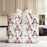 Santa Hat Holiday Gift Wrap, Watercolor Penguin Christmas Wrapping Paper, Winter Penguin Wrapping Paper, Snowy Tree Gift Wrap