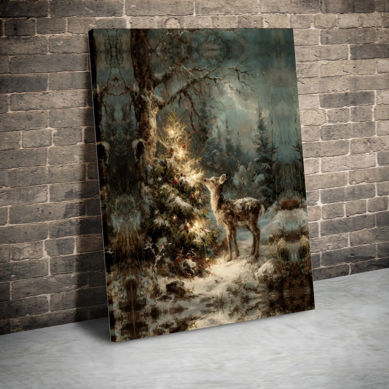Winter Forest Fawn Print, Christmas Deer Wall Art, Lit Tree Holiday Poster, Festive Wildlife Print