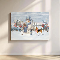 Comfy Snowy Winter Canvas Wall Art, Snowman and Beagle Christmas Canvas Print, Adorable Holiday Dog Canvas, Festive Dog Lover Home Decor Present
