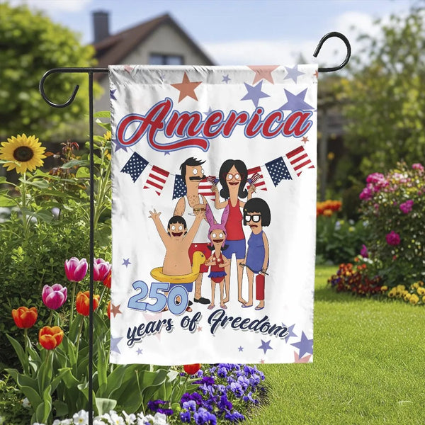 Patriotic Cartoon Family Garden Flag | 250 Years of Freedom Design | Double Sided Premium Polyester | 4th of July Fan Gift & Yard Decor