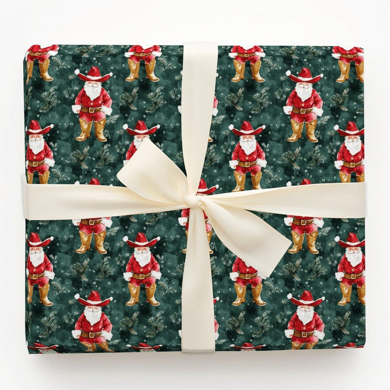 Green Country Western Gift Wrap, Cowboy Santa Christmas Wrapping Paper, Rustic Cowboy Boots Santa Wrapping Paper, Holiday Gift Wrap Roll