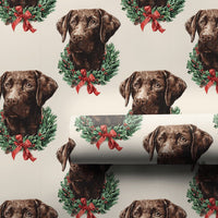 Dog Holiday Wreath Gift Wrap, Chocolate Labrador Christmas Wrapping Paper, Adorable Lab Puppy Christmas Wrapping Paper, Dog Lover Holiday Wrap