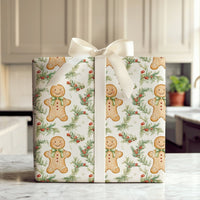 Watercolor Holly Pine Gift Wrap, Gingerbread Man Christmas Wrapping Paper, Festive Holiday Wrapping Paper, Cookie Seasonal Present Packaging