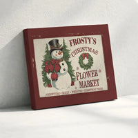 Poinsettia Flower Market Canvas Print, Vintage Snowman Canvas Wall Art, Retro Christmas Wall Decor, Holiday Winter Canvas Art