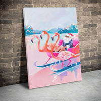 Flamingo Christmas Wall Art, Tropical Santa Sleigh Canvas, Coastal Holiday Canvas Print, Festive Pink Santa Xmas Wall Decor Present