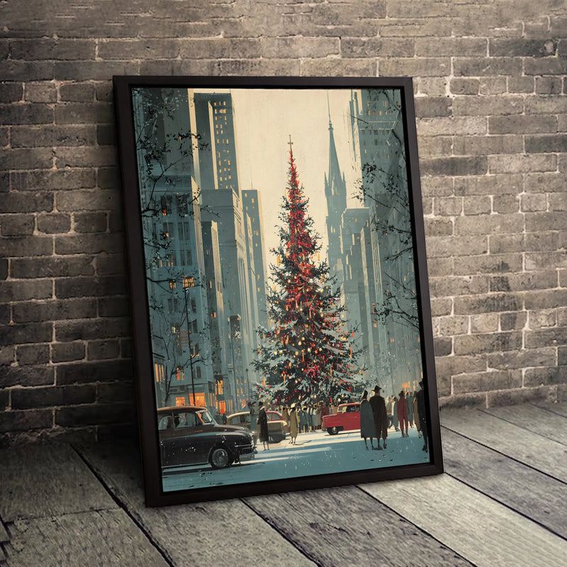 Retro New York Holiday Street Scene Print, Vintage NYC Christmas Canvas Art, Winter NYC Tree Canvas Wall Art, Festive City Wall Canvas