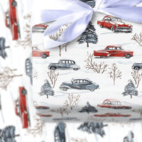 Retro Snowy Forest Gift Wrap, Vintage Car Christmas Wrapping Paper, Classic Car Holiday Wrapping Paper, Winter Vehicle Gift Wrapping Paper