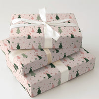 Whimsical Holiday Tree Gift Wrap, Pink and Green Christmas Wrapping Paper, Bows Stars Wrapping Paper, Pastel Xmas Gift Wrapping Paper