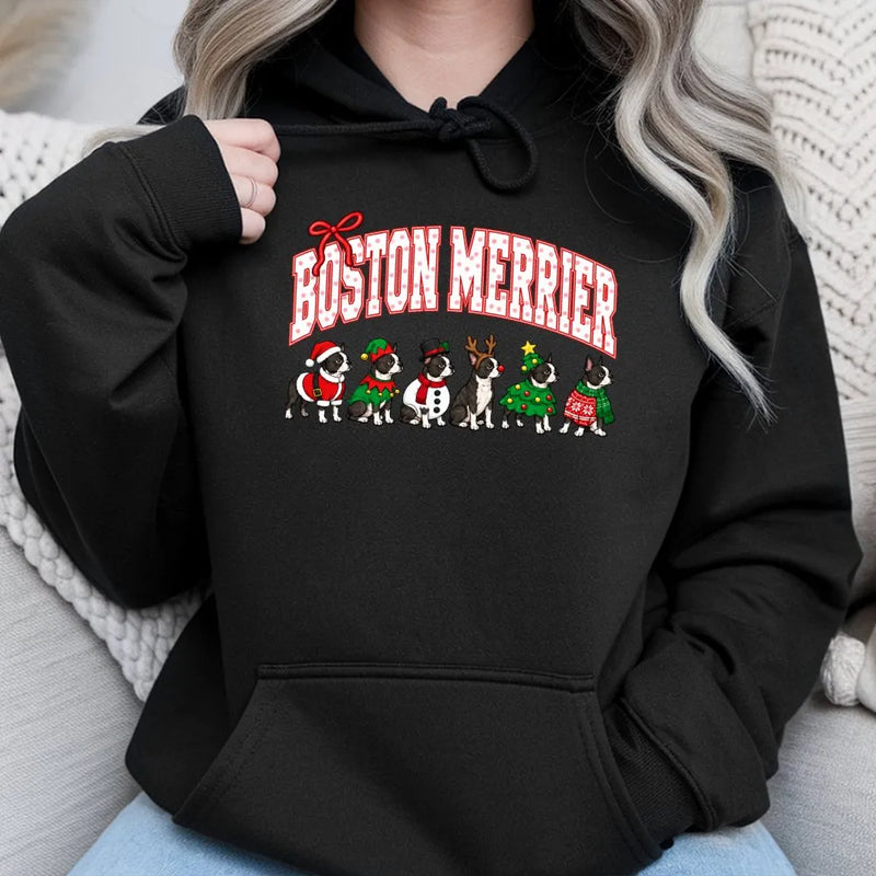 Festive Dog Holiday Hoodie, Boston Terrier Christmas Hoodie, Retro Christmas Dog Hooded Sweatshirt, Adorable Xmas Dog Lover Present, Holiday Present