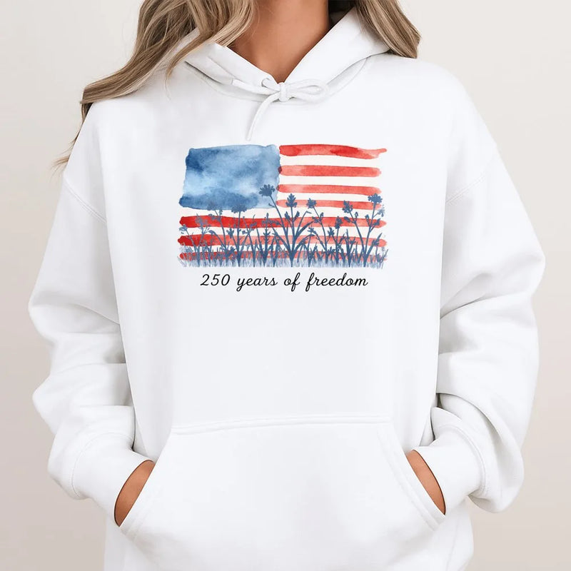 American Flag Hoodie | 250 Years of Freedom Watercolor Wildflower Art | Premium Cotton-Polyester Blend | Patriotic Gift for Americans