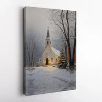 Snowy Winter Landscape Lit Tree Wall Art, Christmas Church Canvas Print, Religious Holiday Scene Decor, Digital Download, Xmas Home Present