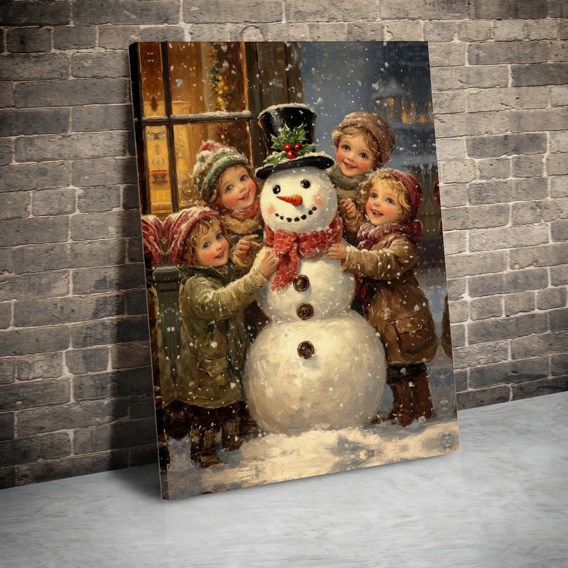 Vintage Christmas Canvas Print, Victorian Children Snowman Canvas Wall Art, Nostalgic Holiday Scene Art Digital Download Printable
