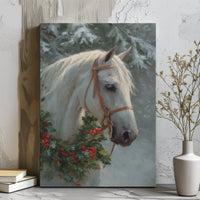 Holly Wreath Winter Scene Canvas Print, Christmas White Horse Canvas Wall Art, Farmhouse Horse Wall Art, Winter Holiday Canvas