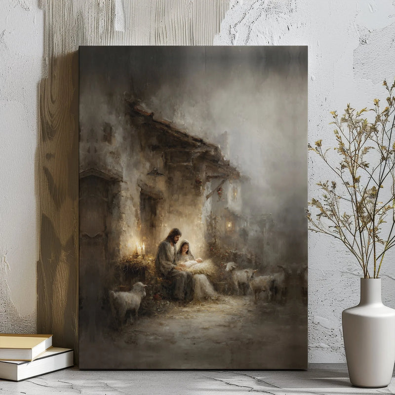 Holy Family Manger Oil Painting Print, Nativity Scene Wall Art, Rustic Christmas Art Poster, Religious Decor, Printable Digital Download
