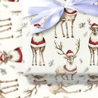 Santa Hat Reindeer Gift Wrap, Watercolor Reindeer Wrapping Paper, Festive Reindeer Christmas Paper Roll, Holiday Gift Wrapping Paper