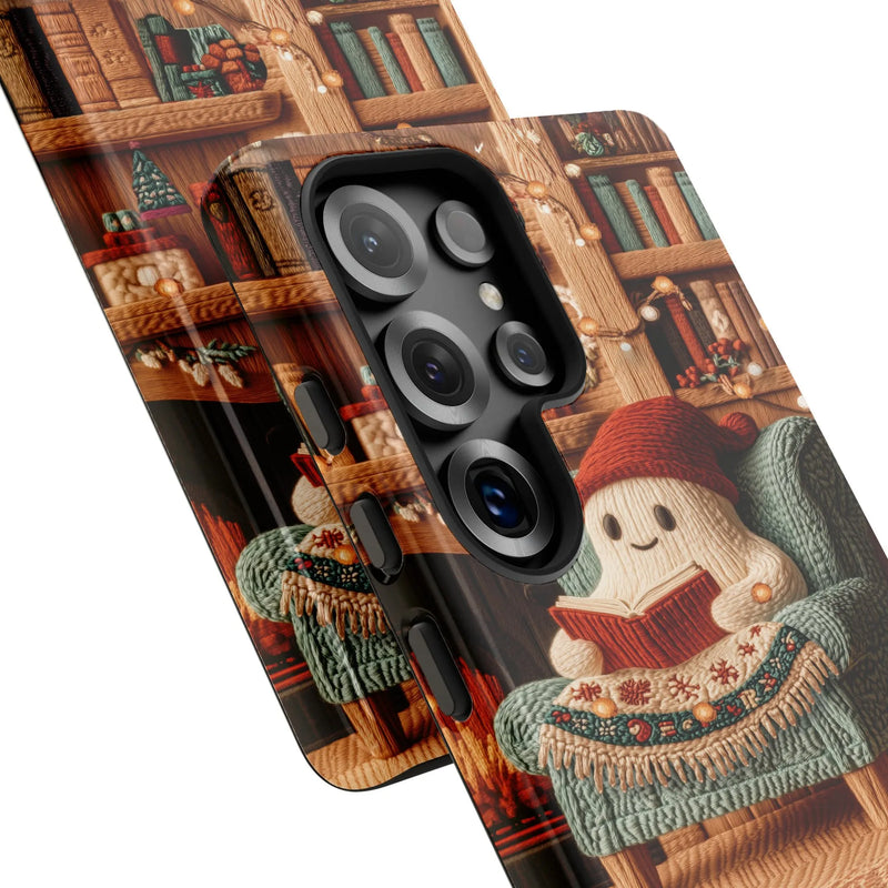 Comfy Christmas Book Lover Samsung Galaxy Tough Phone Case, Adorable Reading Ghost Phone Case, Holiday Yarn Art Ghost Cover, Bookish Present